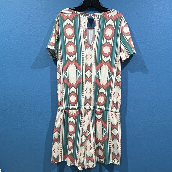 Crazy Train Aztec Southwest Design Romper Elastic Tie Waist Pockets Women Large - Picture 3 of 16